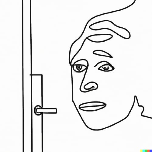 DALL·E 2023-04-25 16.22.27 - a sceptical stern face behind a door, one-line drawing