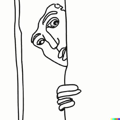 DALL·E 2023-04-25 16.23.22 - a curious face peering out through a door, one-line drawing