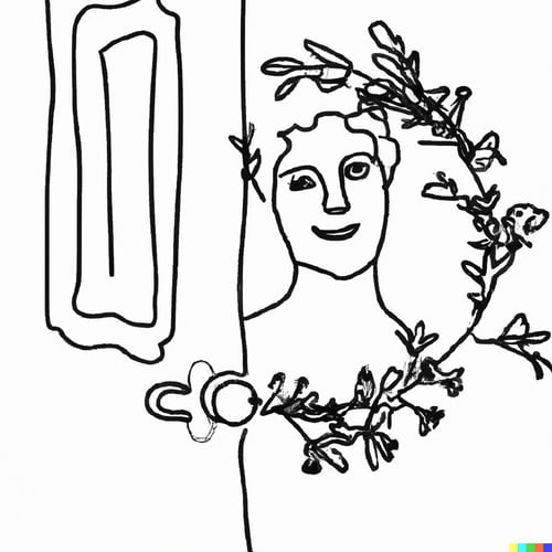 DALL·E 2023-04-25 16.29.45 - a welcoming face opening a door. The door has a wreath on it, one-line drawing